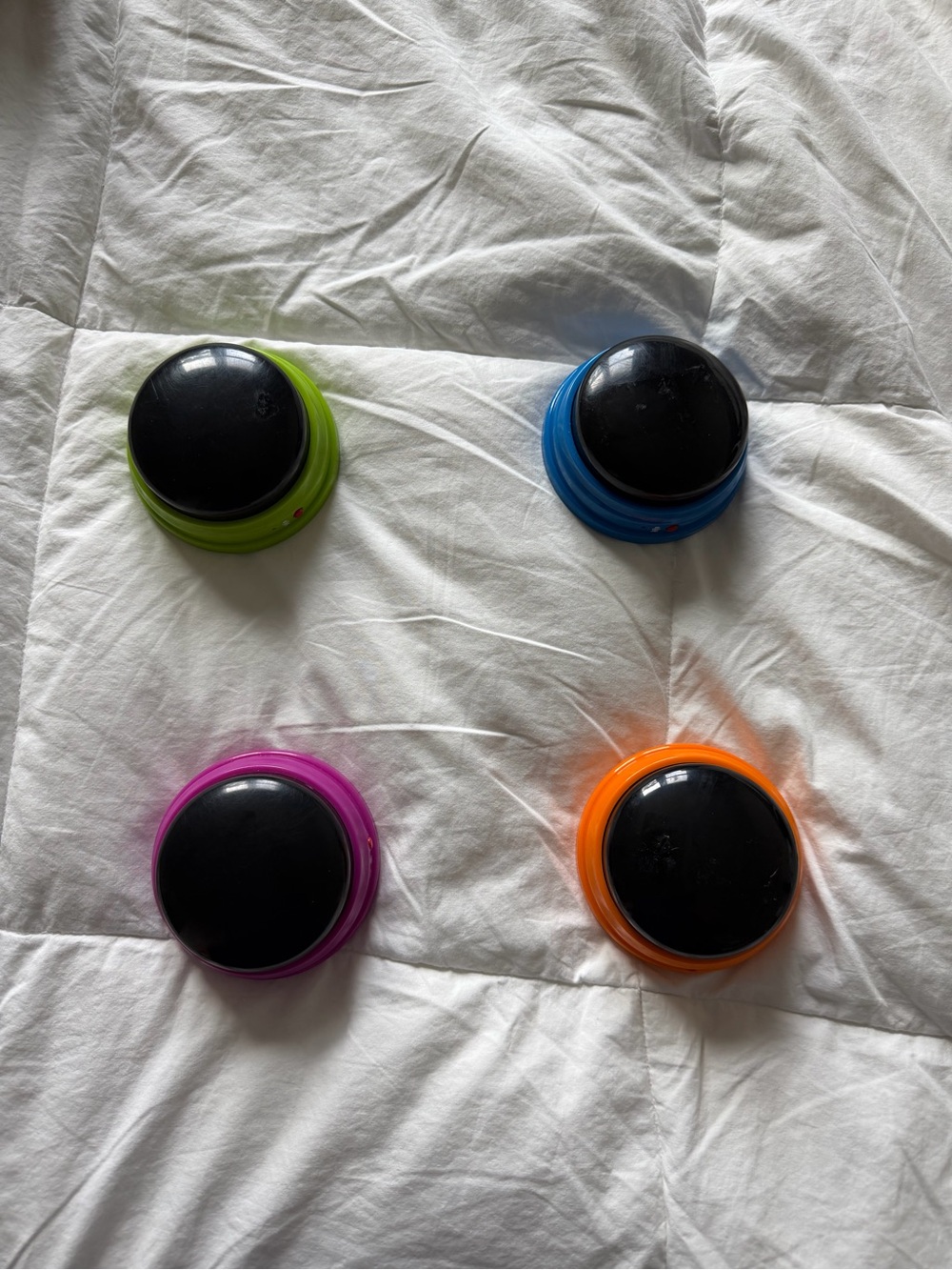 Set of 4 Colorful Push-Button Buzzers - Green, Blue, Purple, Orange